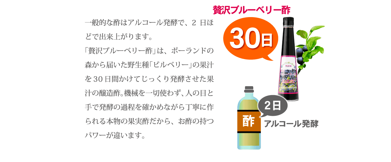 一般的な酢はアルコール発酵で、2日ほどで出来上がります。「贅沢ブルーベリー酢」は、ポーランドの森から届いた野生種「ビルベリー」の果汁を30日間かけてじっくり発酵させた果汁の醸造酢。機械を一切使わず、人の目と手で発酵の過程を確かめながら丁寧に作られる本物の果実酢だから、お酢の持つパワーが違います。